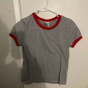 red and grey striped shirt